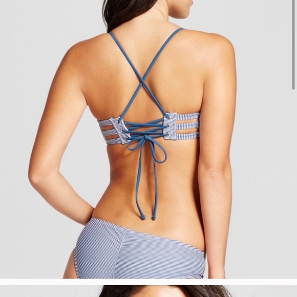 Teal and white stripe scoop bikini top - Picture 2 of 4